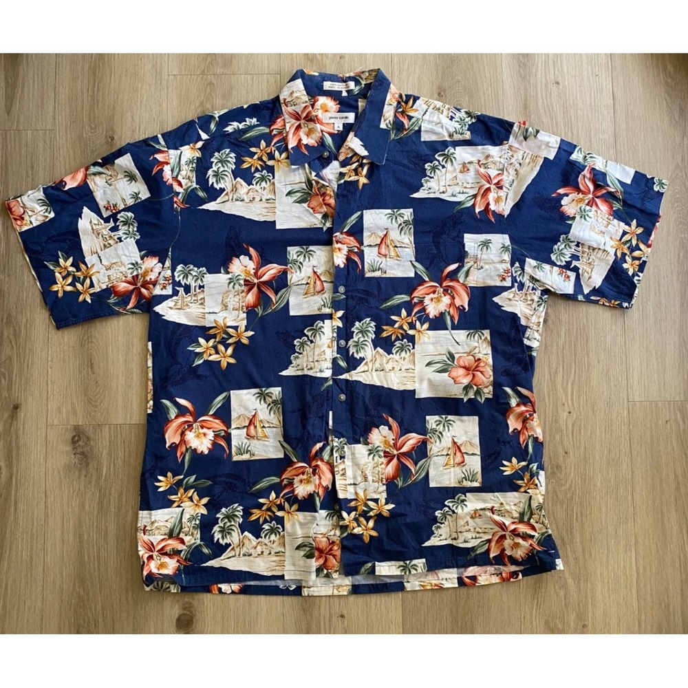 Vintage Pierre Cardin Mens XL Hawaiian Shirt Blue Floral 100% Cotton Korea
